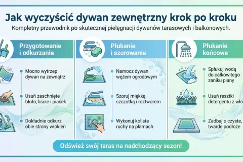 Instrukcja czyszczenia dywanu zewnętrznego: przygotowanie, szorowanie i płukanie. Nawet bardzo brudny dywan odzyska świeżość.