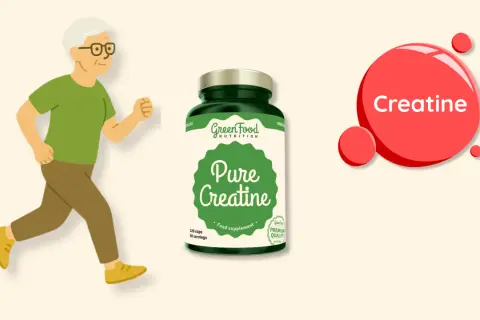 Un anziano corre energico accanto a un barattolo di "Pure Creatine". La creatina scade? No, se assunta regolarmente per mantenersi attivi.