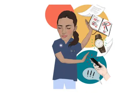 En utmattad person med slutna ögon avvisar en mobiltelefon och en kalender. En påminnelse om att byta jobb efter utmattning.