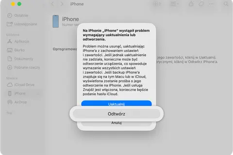 Na iPhonie „iPhone" wystąpił problem wymagający uaktualnienia lub odtworzenia. Połącz z iTunes, aby rozwiązać problem.