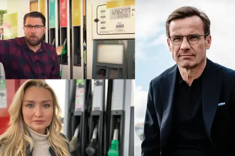 Debatt om höga bensinpriser. En man vid en pump, en kvinna och en politiker. Alger i diesel diskuteras.