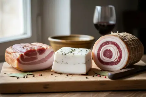 Drei verschiedene Sorten italienischer Speck liegen auf einem Holzbrett. Ein Block, ein Würfel und eine gerollte Variante mit roten und weißen Schichten.