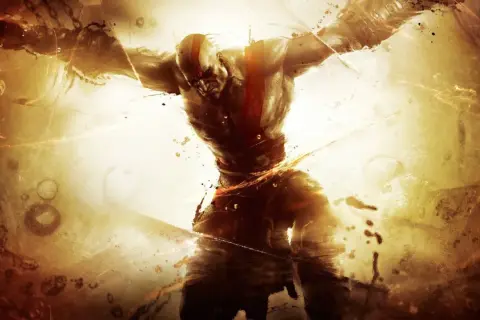 Kratos, gniewny **titan**, rozrywa więzy, otoczony złotym blaskiem i pyłem.