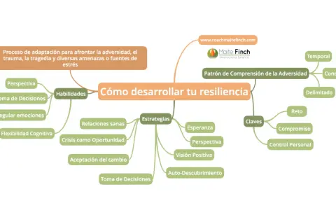 Mapa mental sobre cómo desarrollar tu resiliencia, que es la capacidad de adaptación ante la adversidad, con habilidades, estrategias y claves.