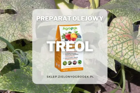 Pudełko preparatu Treol na tle liści roślin.