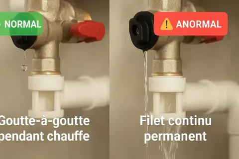 Comparaison d'un groupe de sécurité de chaudière : goutte à goutte normal vs. filet continu anormal.