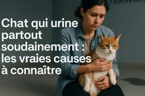 Une femme inquiète tient son chat roux et blanc. Le texte indique "Chat qui urine partout soudainement : les vraies causes à connaître". Comment faire pour que mon chat retourne dans sa litière ?