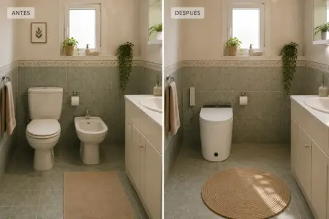 Baño antes y después: se quitó el bidet para instalar un inodoro moderno con funciones avanzadas.