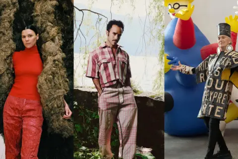 A triptych showcasing avant-garde fashion and art, hinting at the best galleries for emerging artists.