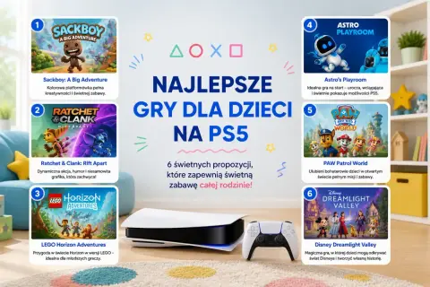 Grafika z grami na PS5 dla dzieci: Sackboy, Ratchet & Clank, LEGO Horizon, Astro's Playroom, PAW Patrol, Disney Dreamlight Valley.