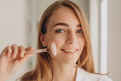 Uśmiechnięta kobieta z blond włosami trzyma różowy roller do twarzy. Zastanawiasz się, jaki roller wybrać? Ten model jest idealny do masażu.