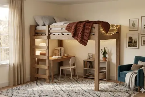 Accogliente open space loft con soppalco in legno, scrivania, libreria e poltrona. Luci soffuse creano un'atmosfera calda.