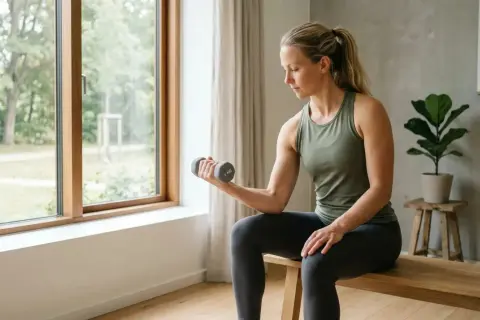 Kvinna tränar biceps med hantel, hoppas hon inte får ont i armbågen gym.