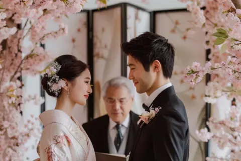 Un couple échange des regards tendres lors d'un mariage thème Japon, entouré de cerisiers en fleurs. L'officiant les observe avec un sourire.