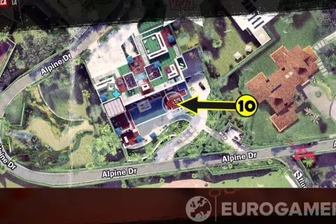 Mapa z gry Dead Island 2. Czysta kradzież! Wskazuje cel misji na posiadłości przy Alpine Dr.