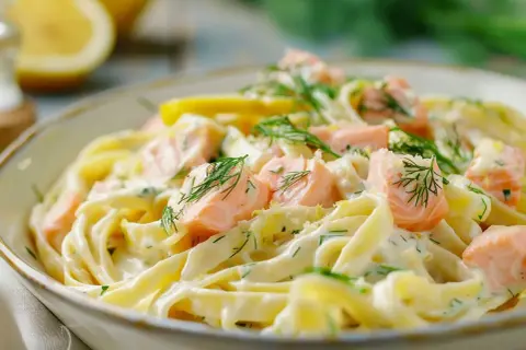 En krämig laxpasta med dill och citron. Ett enkelt och gott laxpasta recept som passar alla.