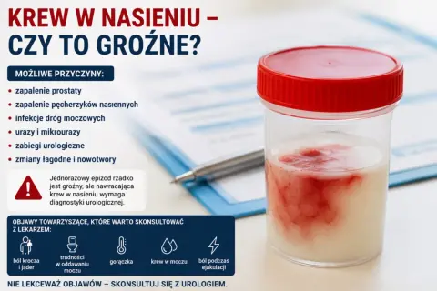 Pojemnik z próbką nasienia z widoczną krwią. Informacje o przyczynach i objawach krwi w spermie.