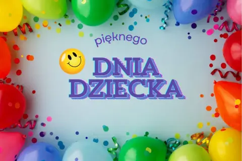 Kolorowe balony i konfetti tworzą radosną oprawę dla śmiesznych życzeń na Dzień Dziecka. Uśmiechnięta buźka dodaje zabawy!