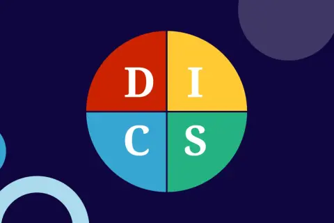 Kolorowy dysk podzielony na cztery sekcje z literami D, I, C, S. To wizualizacja modelu DISC, narzędzia do analizy zachowań.