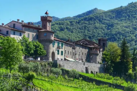 Borgo medievale con torre dell'orologio, circondato da colline verdi. Un vero gioiello, forse il paese più bello della Garfagnana.