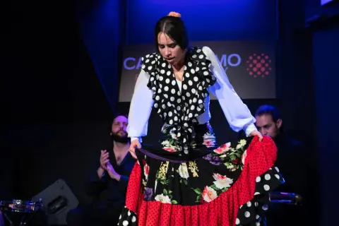 Bailaora de flamenco con falda voluminosa, mostrando la pasión de la bulería. Músicos la acompañan.