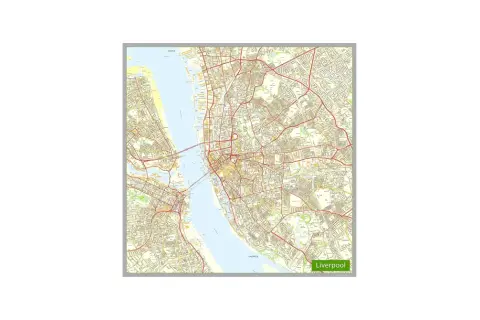 Mapa drogowa miasta, pokazująca rzekę i sieć ulic. Widać napis "Liverpool", co odpowiada na pytanie: gdzie jest Liverpool.