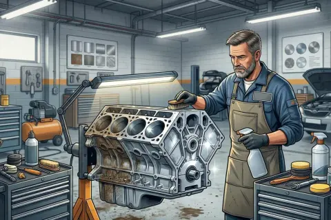 Mechanik pokazuje, czym wyczyścić aluminium, szczotkując blok silnika. W warsztacie widać narzędzia i środki czyszczące.