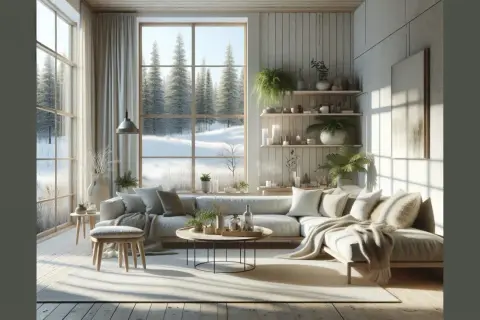 Mysig lounge med skandinavisk design inredning. En stor soffa med kuddar och plädar, ett runt soffbord och hyllor med växter och ljus. Utanför fönstret syns en snöig skog.