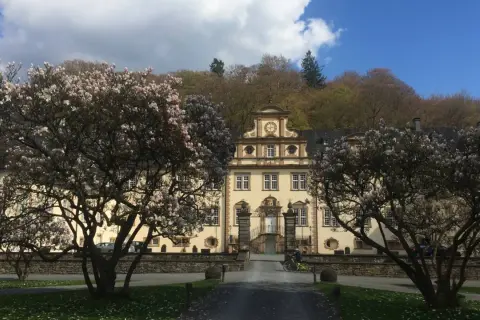 Prachtvolles Schloss Engelskirchen im Frühling, umrahmt von blühenden Magnolienbäumen.