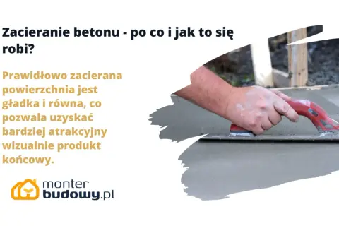 Dłoń z czerwoną pacą wygładza świeży beton, tworząc gładką powierzchnię.