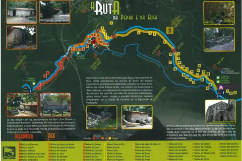 Mapa de la Ruta da Pedra e da Auga, con senderos, molinos y puntos de interés. Destaca la "pedra da auga" en el título.