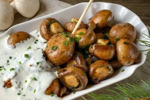 Gebratene Champignons mit cremiger Sauce und Schnittlauch – ein einfaches Gericht, das zu vielen Champignons Rezepten passt.