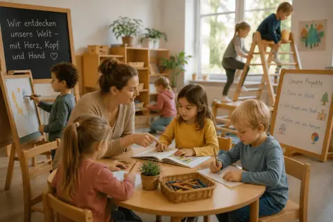 Kinder lernen im situationsorientierter Ansatz Kita. Eine Erzieherin liest vor, während andere malen und basteln.