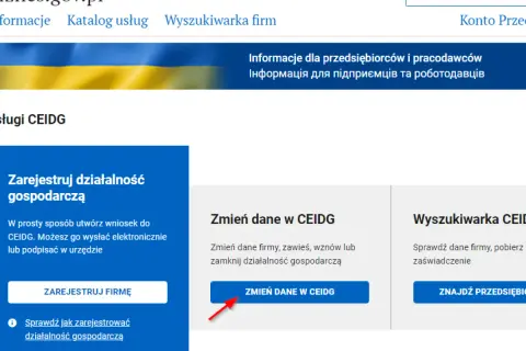 Strona biznes.gov.pl oferuje usługi CEIDG: rejestrację, zmianę danych firmy i wyszukiwarkę.