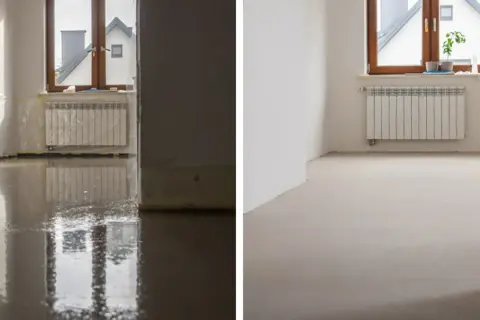 Dwie sceny: mokra wylewka samopoziomująca i sucha, gotowa pod panele.