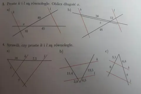 Rysunki geometryczne z zadaniami dotyczącymi prostych równoległych i ich długości.