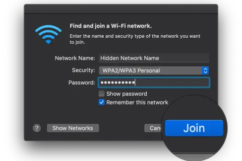 Okno łączenia z siecią Wi-Fi. Wpisano nazwę sieci (ssid) "Hidden Network Name" i hasło. Kliknięto przycisk "Join".