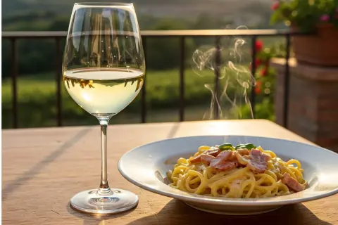 Aromatyczne spaghetti carbonara paruje obok kieliszka schłodzonego, złocistego **białego wina** na drewnianym stole.