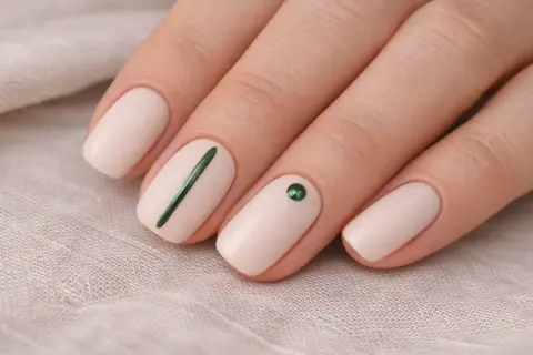 Manicure minimalista con smalto nude, una linea verde e un cristallo. L'estetista unghie ha creato un look elegante.