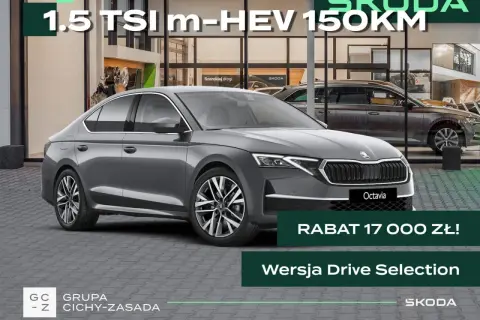Szara Skoda Octavia 1.5 TSI m-HEV 150KM w wersji Drive Selection, z rabatem 17 000 zł. Idealna na szerokiej drogi.