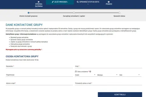 Formularz do utworzenia grupy wniosków. Wpisz dane kontaktowe osoby odpowiedzialnej za grupę, aby zarządzać wnioskami.