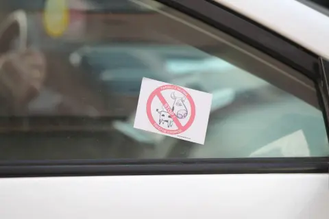 Naklejka "Parkuj z głową, stop świętym krowom" na szybie. Chcesz wiedzieć, jak usunąć naklejkę rejestracyjną z szyby?