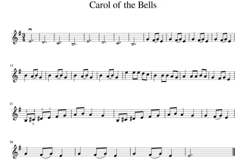 Nutacja muzyczna "Carol of the Bells" z oznaczeniami palcowymi, idealna do nauki kolęd na skrzypce.