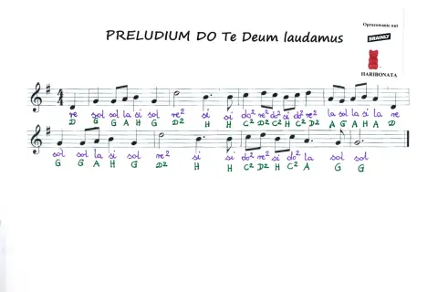 Ręcznie pisane nuty do Preludium Te Deum laudamus, z literami akordów poniżej.