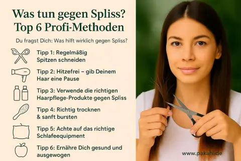 Frau schneidet sich die Spitzen, um Spliss zu bekämpfen. Tipps gegen Spliss: regelmäßiges Schneiden, Hitzefrei, richtige Pflegeprodukte, sanftes Trocknen, Schlaf-Equipment, gesunde Ernährung.