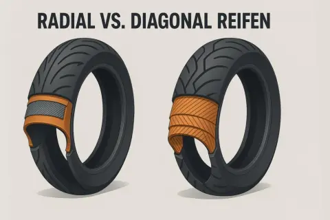 Vergleich von radial und diagonal reifen. Der linke Reifen zeigt eine radiale Konstruktion, der rechte eine diagonale.