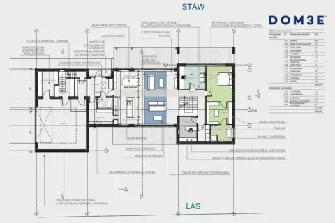 Projekt architektoniczno budowlany domu z tarasem i ogrodem. Widok piętra z pokojami i łazienkami.