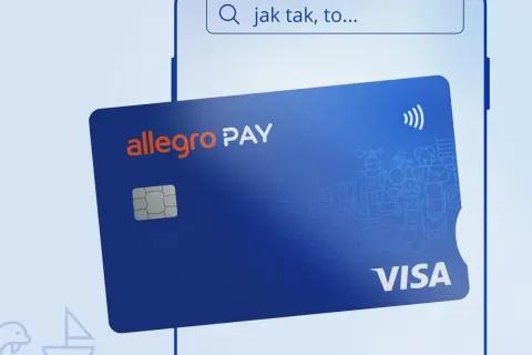 Karta Allegro Pay z logo Visa i ikonami symbolizującymi różne kategorie zakupów.