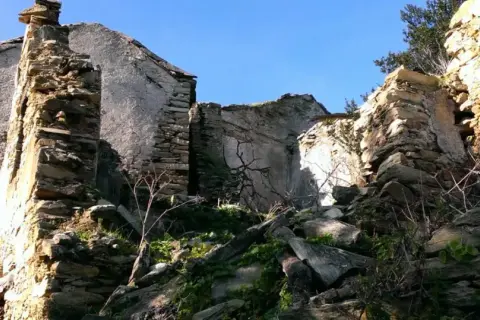 Ruines d'un village abandonné en Haute-Corse, envahies par la végétation. Les murs de pierre s'effondrent sous le ciel bleu.
