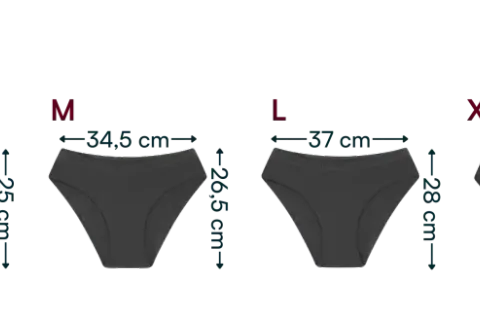 Szare majtki menstruacyjne hipster w rozmiarach XS-XXL z wymiarami.